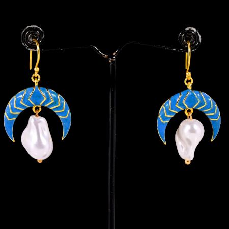 Blue Enamel and Pearl Crescent Moon Dangle Earrings for Women in Brass with 22k Gold Plating